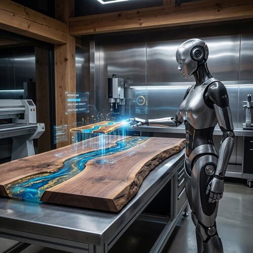 Bancada de trabalho com tablet mostrando ferramentas de inteligência artificial para resineiros